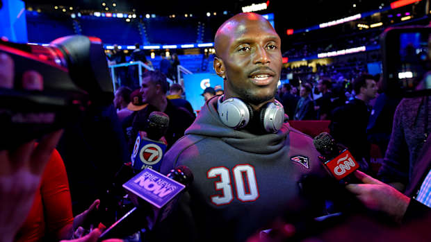 Patriots cornerback Jason McCourty (30) during opening night for Super Bowl LIII at State Farm Arena.